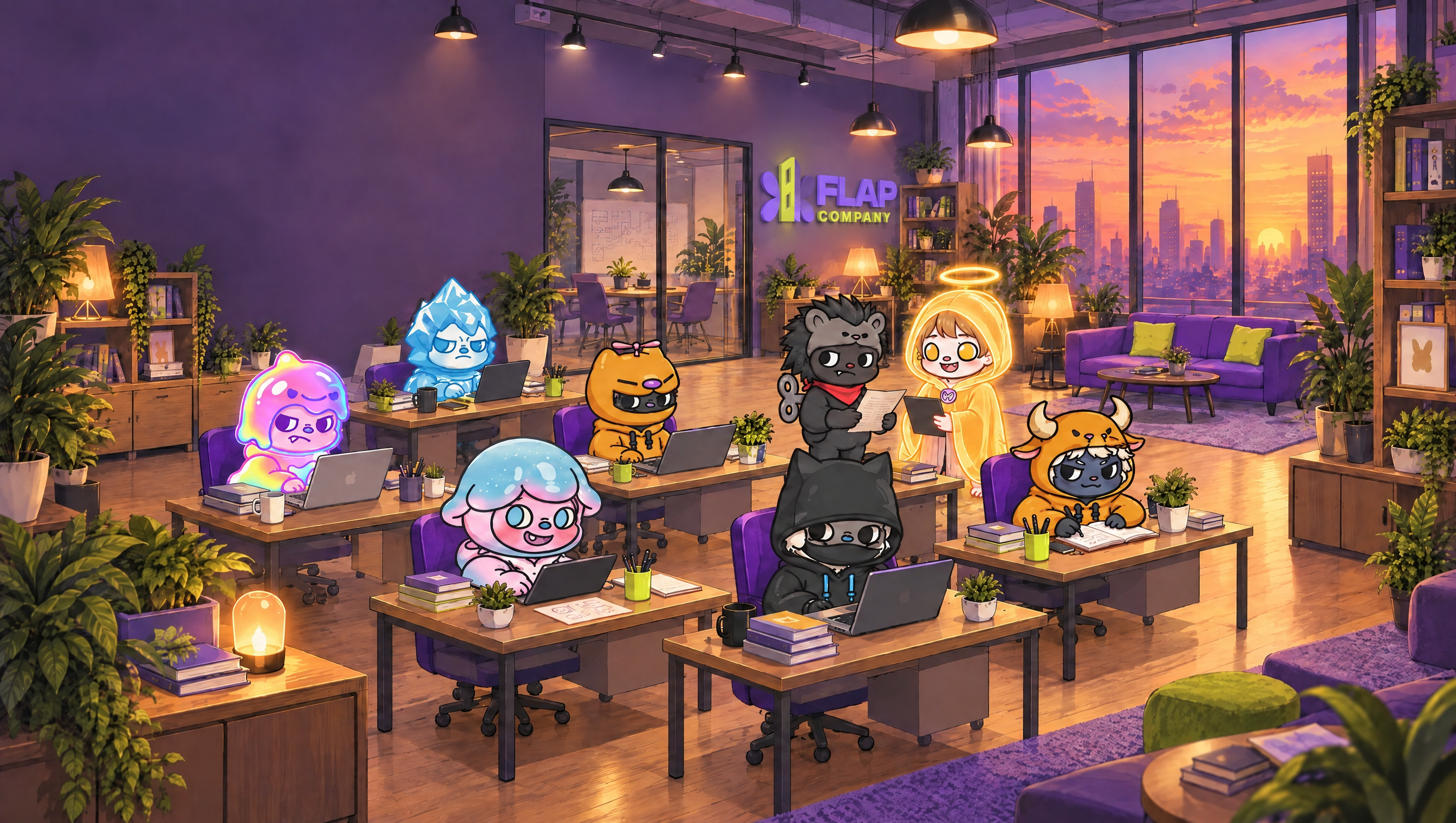 An illustrated Flap office at dusk: eight distinct characters working together among desks, plants and a glass meeting room.